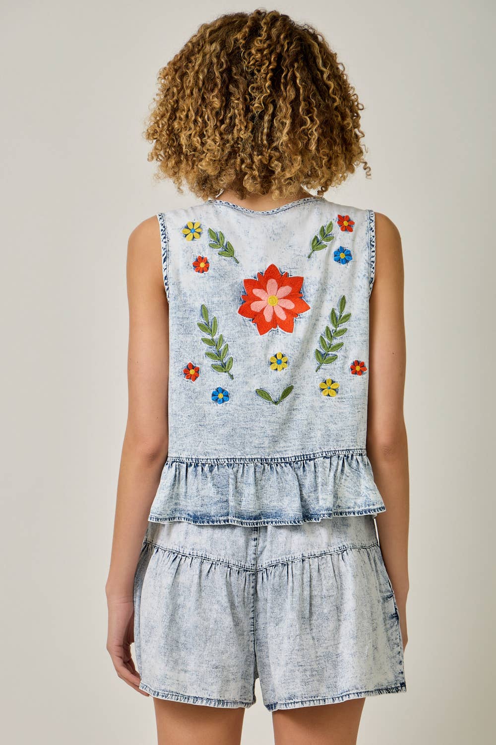 Floral Embroidered Front Tie Ruffled Vest