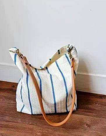Blue Striped Cotton Canvas Tote Bag