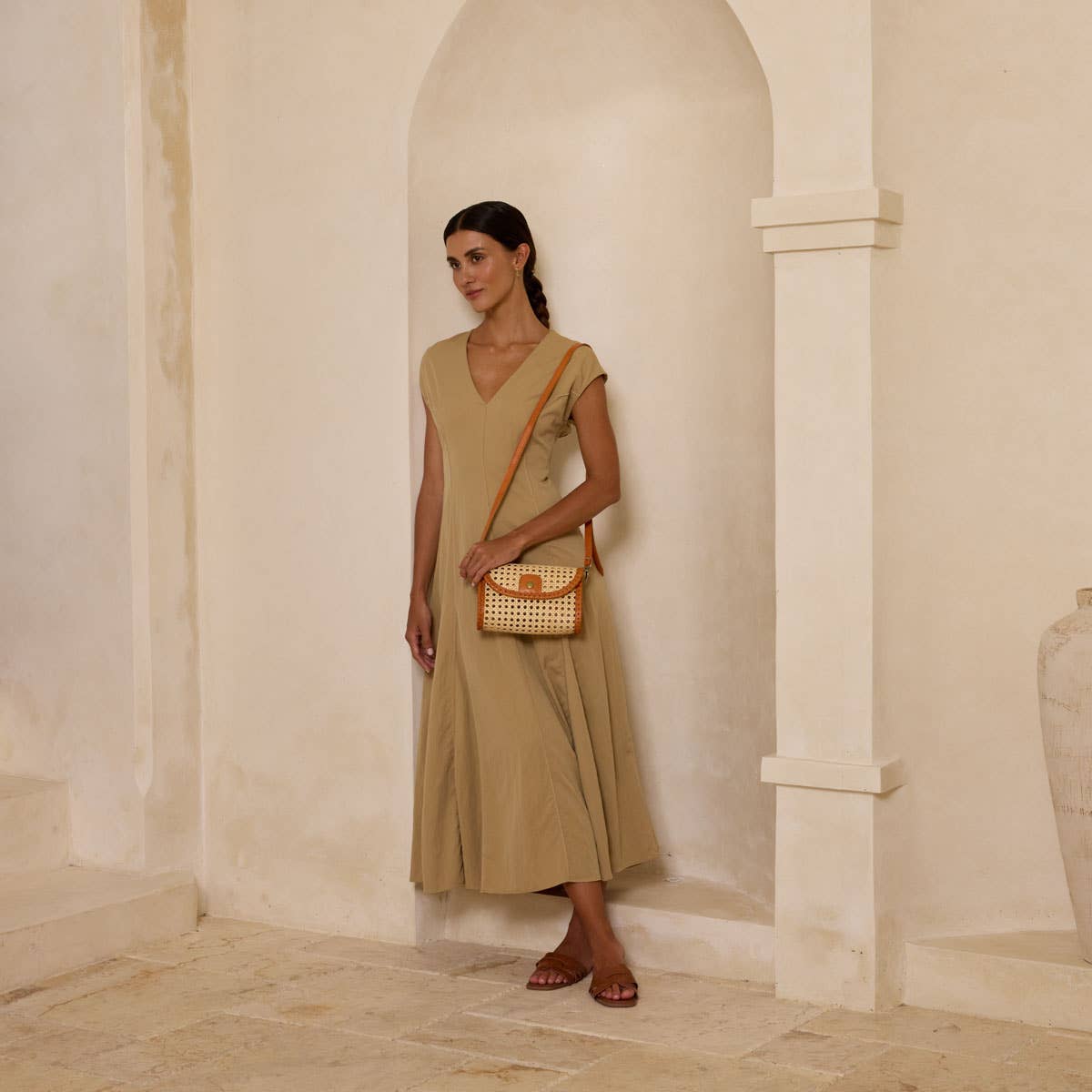 Brown Rattan Clutch with Leather Trim & Crossbody