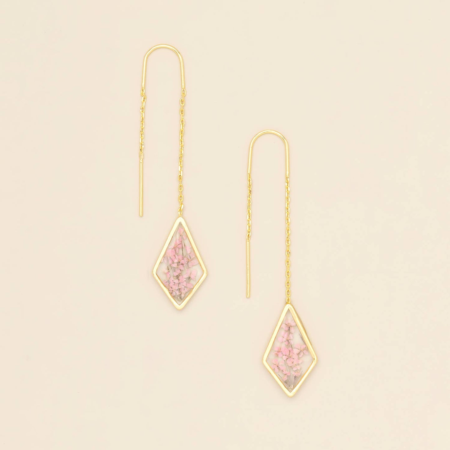 Pink Lace Flower/Gold Pressed Flower Thread Earring