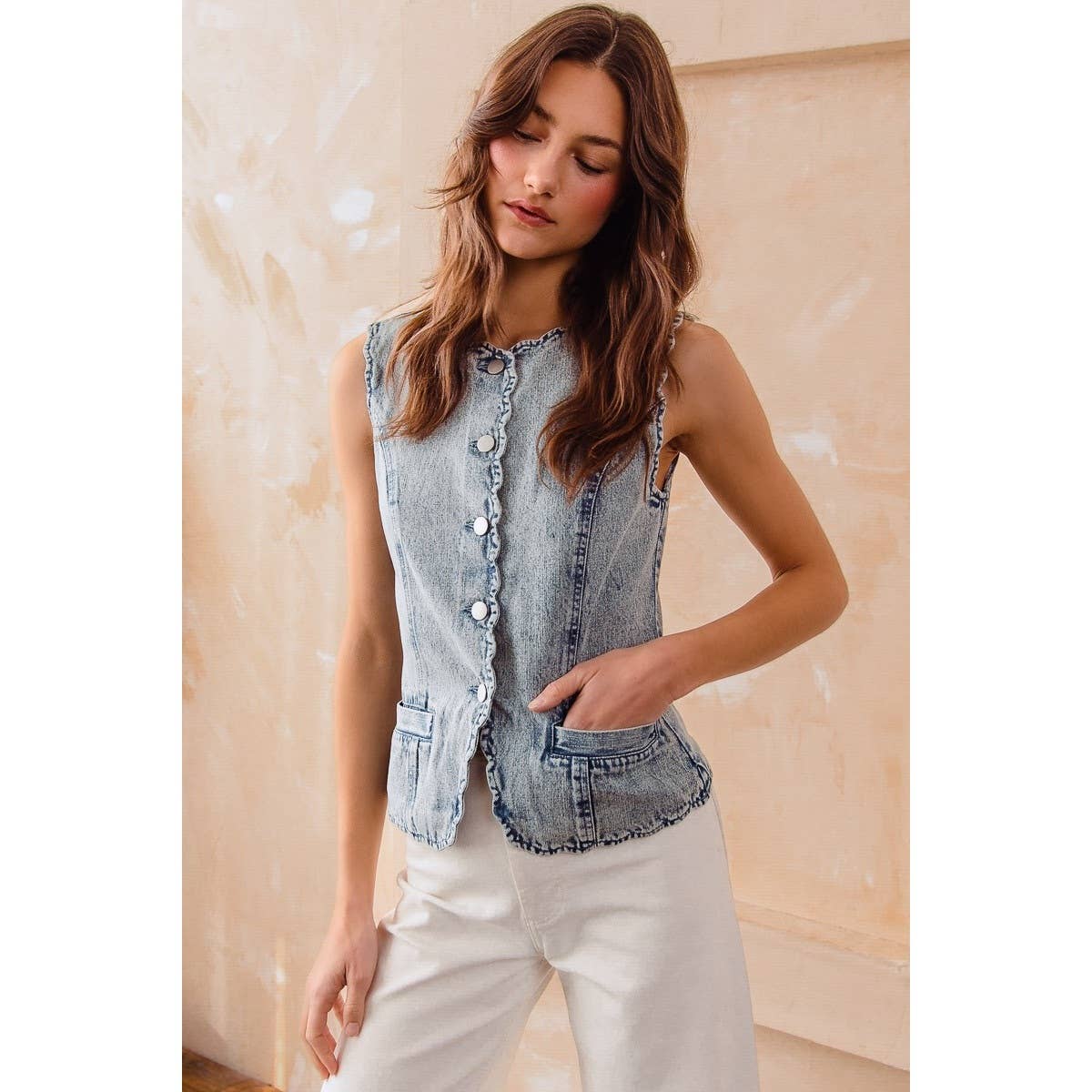 Button Up Washed Denim Vest With Scallop Edge