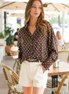 Polka Dot Collared Long-Sleeve Satin Blouse