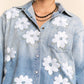 Washed Denim Flower Embroider Button Front Shirt