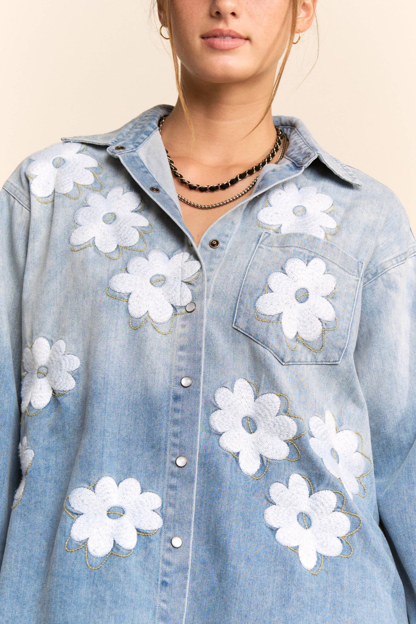 Washed Denim Flower Embroider Button Front Shirt