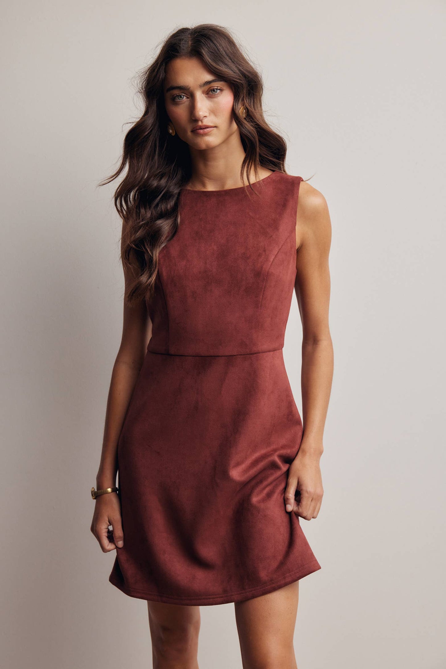 Burgundy Stretch Suede Sleeveless Mini Dress