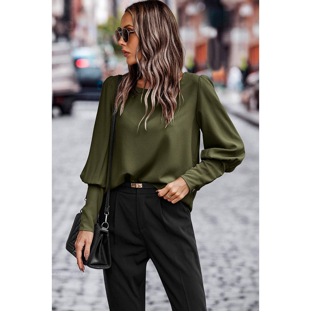 Olive Button Back Blouse Puff Sleeve Top