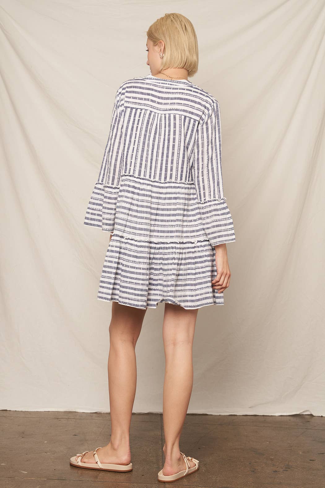 Navy Ivory 3/4 Sleeve V-Neck Striped Tiered Mini Dress
