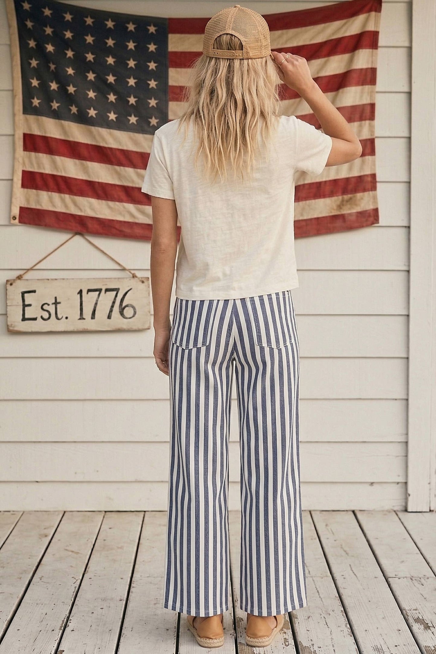 Blue + White Striped Non-Stretch Wide Leg Denim Pants