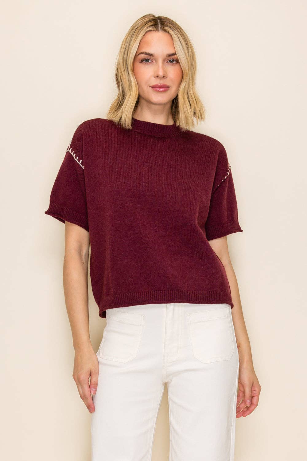 Whipstitch Wine/Ivory Relaxed Fit Top