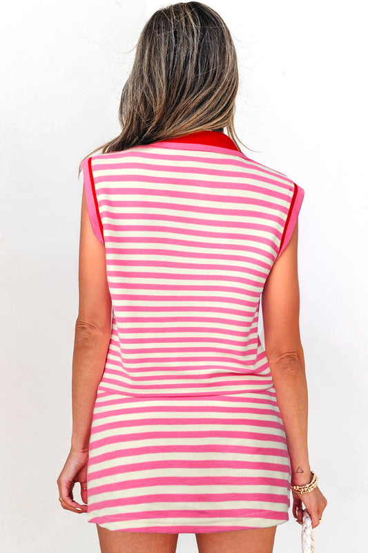 Sachet Pink Striped Sleeveless Polo Two-Piece Set