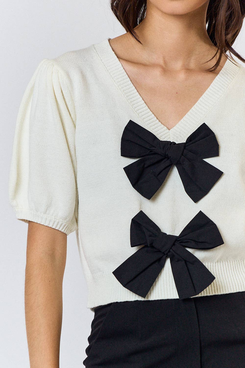 Bow Front V-Neck Puff Sleeve Sweater