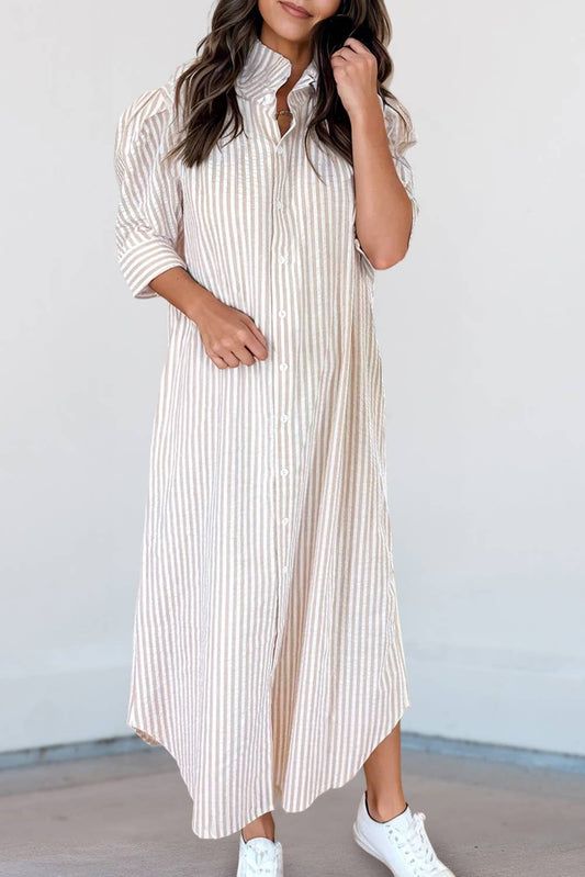 Stripe Khaki Frilled Collar Shirt Maxi Dress