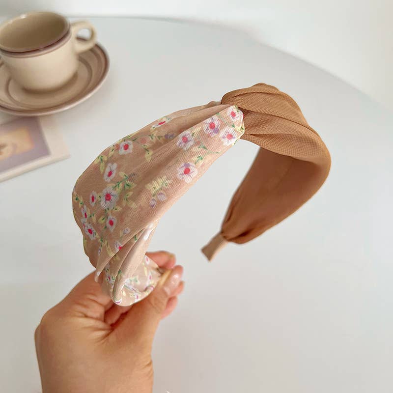 Peach Floral Printed Knot and Twist Headband