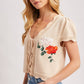 Embroidered Knit Cap Sleeve Open Front Tie Top