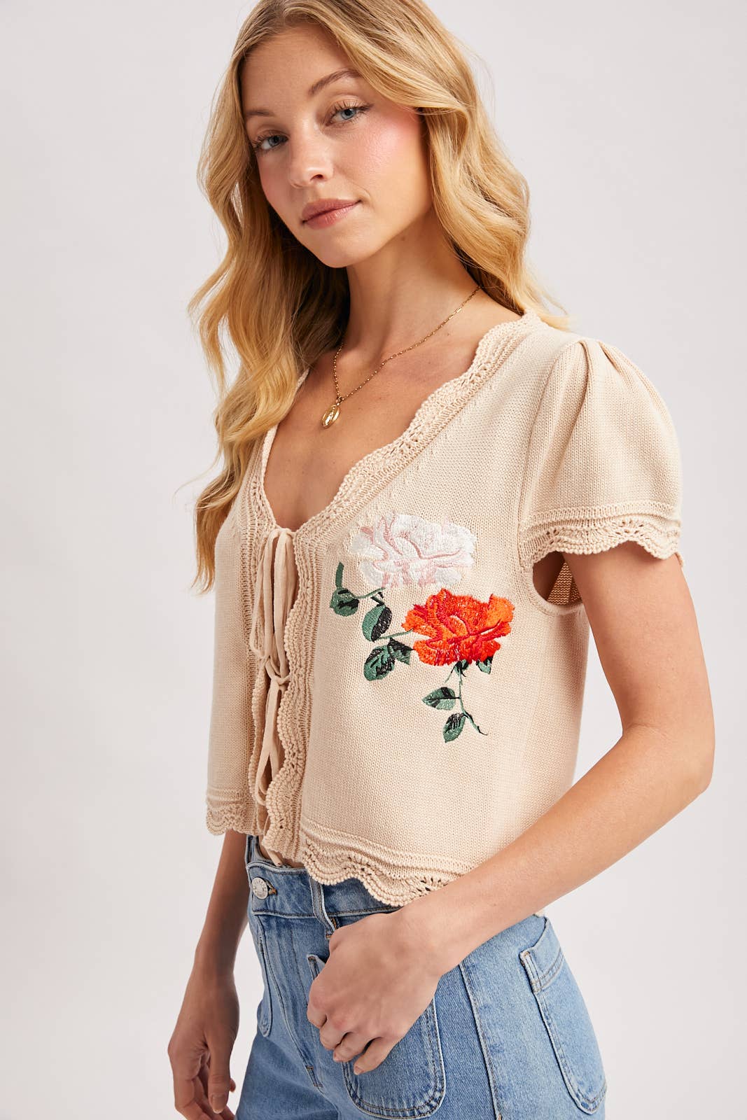 Embroidered Knit Cap Sleeve Open Front Tie Top