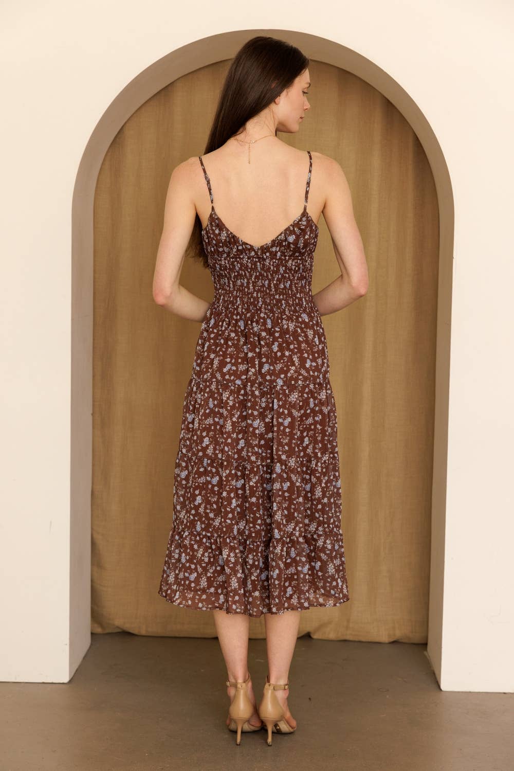 Brown + Blue Smocked Floral Tiered Midi Dress