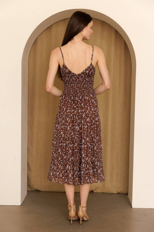 Brown + Blue Smocked Floral Tiered Midi Dress