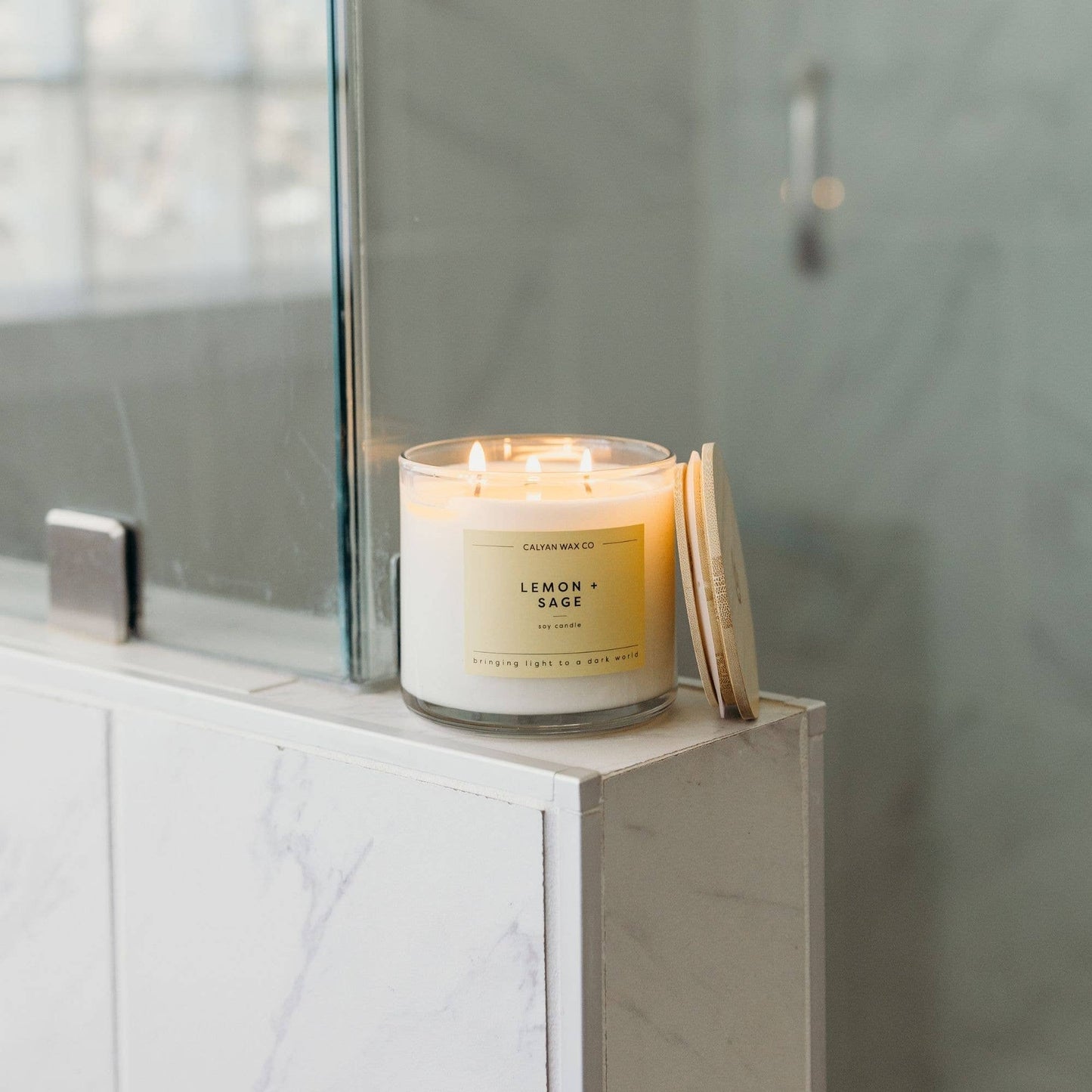 3 Wick Lemon + Sage Glass Tumbler Soy Candle