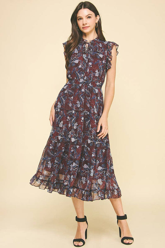 Deep Wine Floral Print Tiered Chiffon Dress