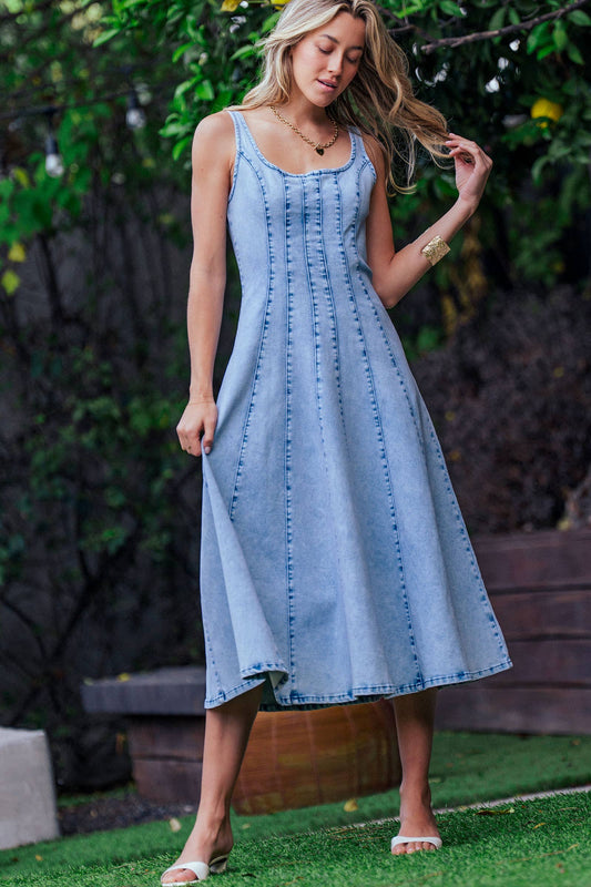 Lt. Denim Paneled Denim Midi Dress Exposed Back Zipper