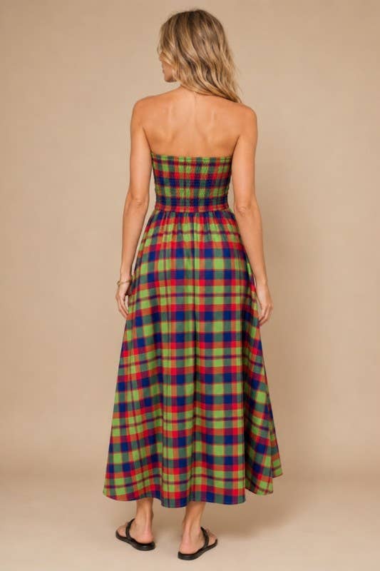 Apple Blues Plaid Strapless Maxi Dress