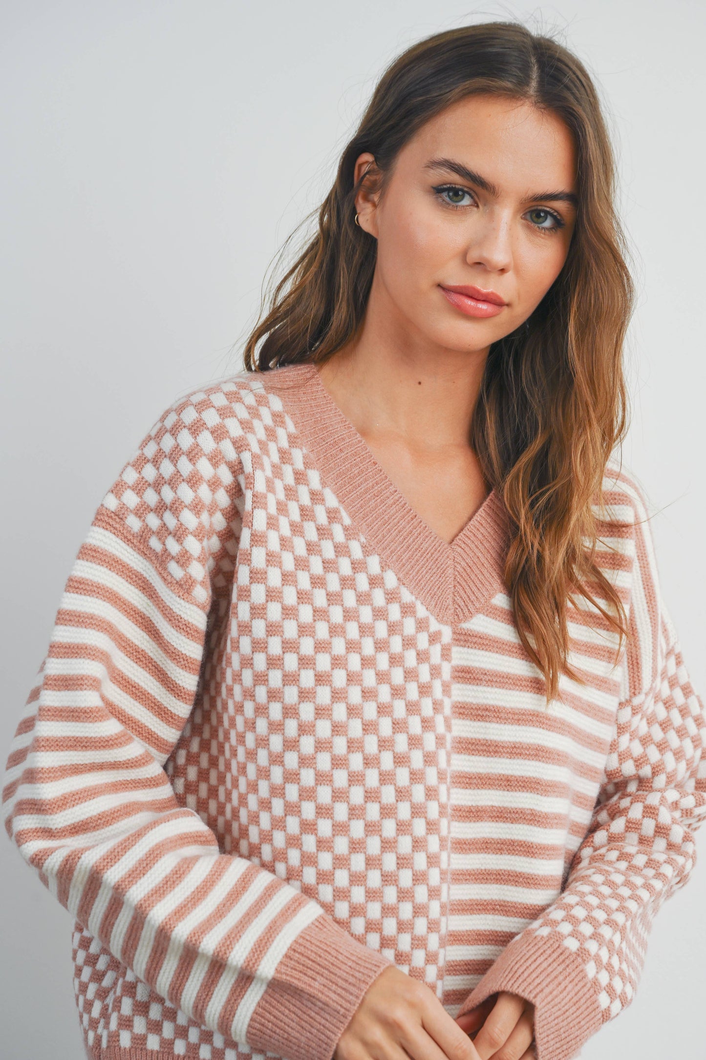 Mauve Checker Pattern Drop Shoulder Sweater
