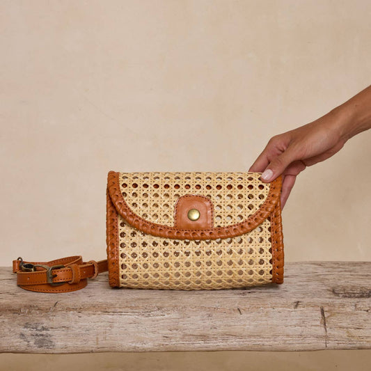Brown Rattan Clutch with Leather Trim & Crossbody