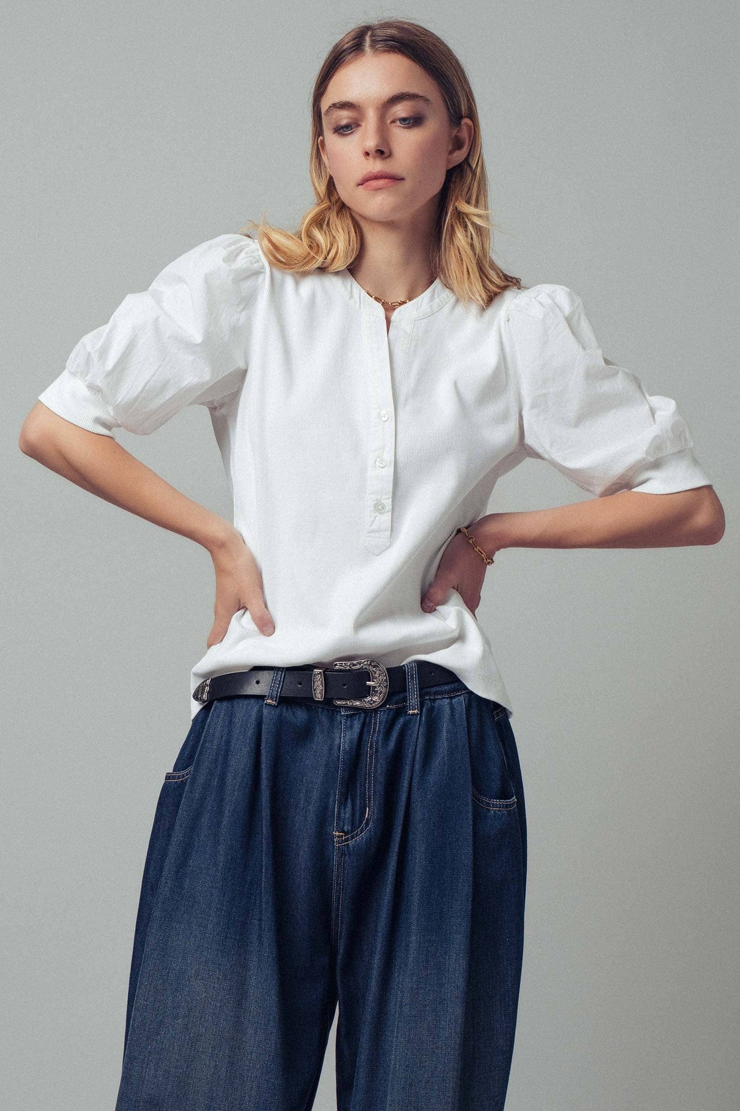 Ivory Puff Sleeve Henley Top