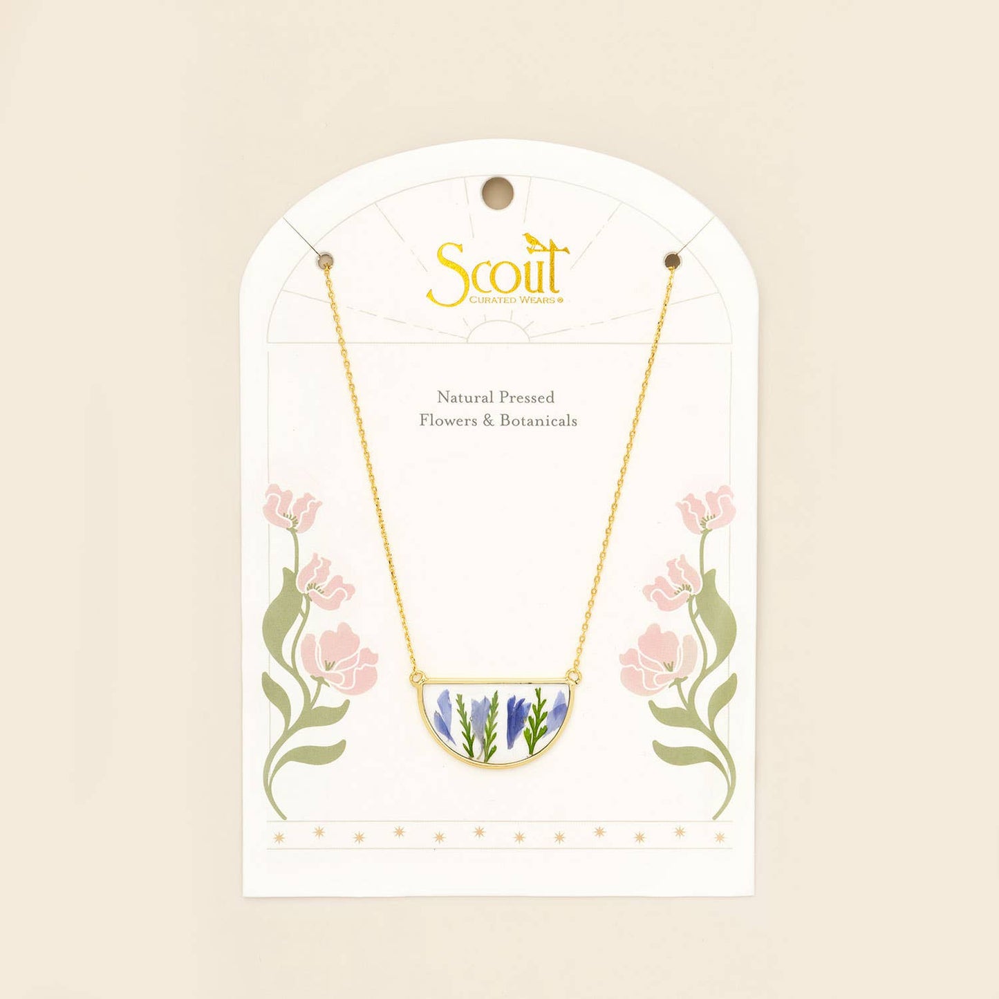Purple Cornflower/Gold Pressed Flower Necklace