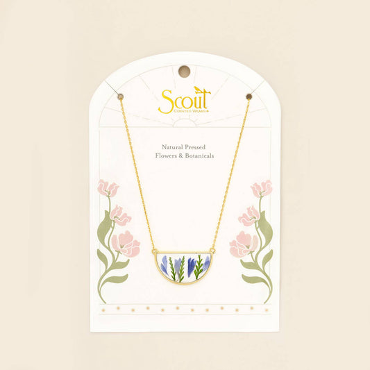 Purple Cornflower/Gold Pressed Flower Necklace