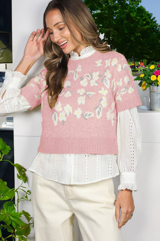 Floral Jacquard Short Sleeve Knitted Short Sleeve Sweater