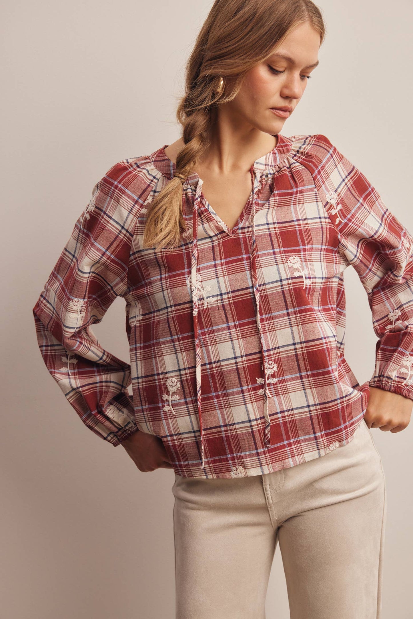 Embroidered Red Plaid Tie Neck Blouse