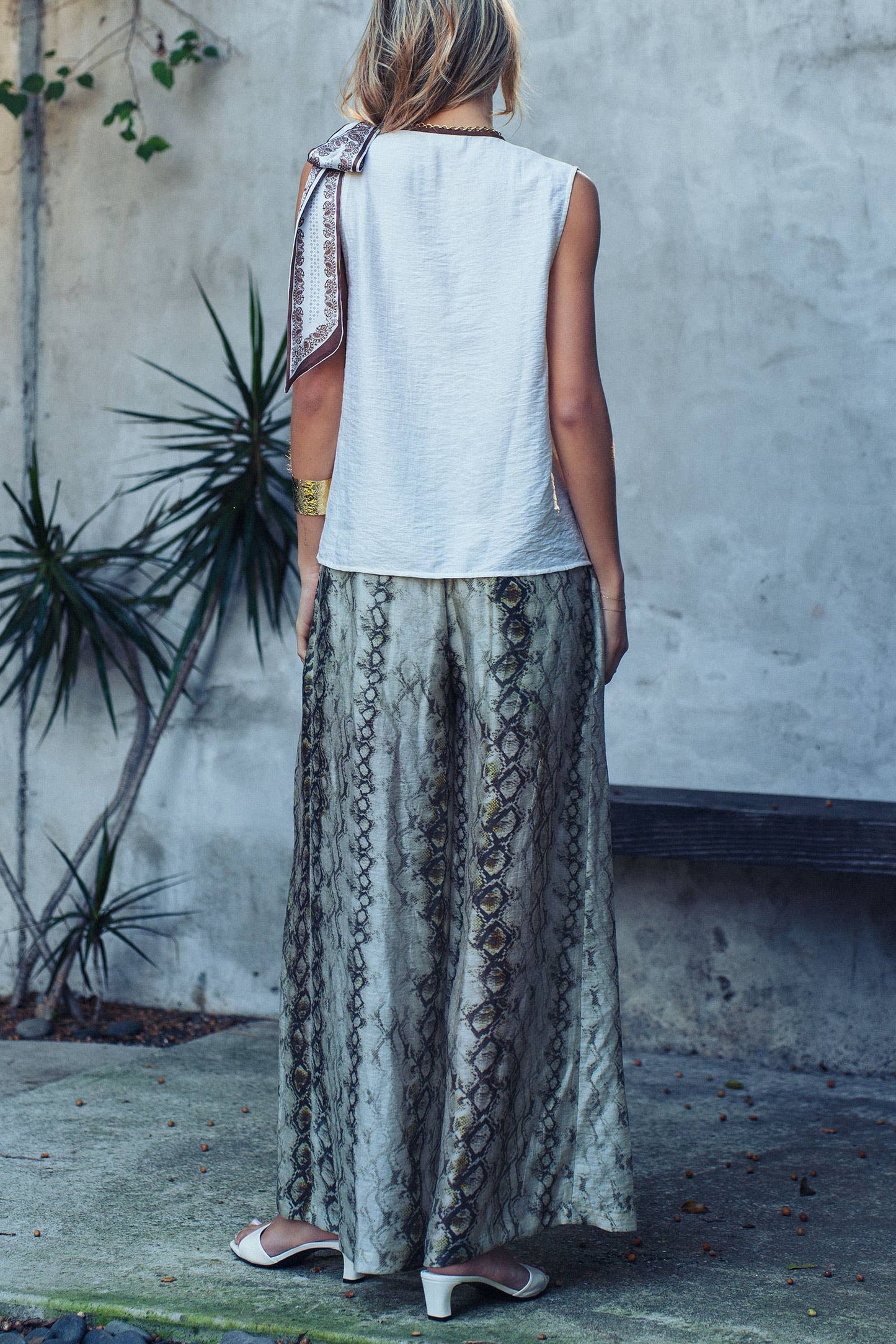 White Paisley Scarf Tie Shoulder Linen Blend Top
