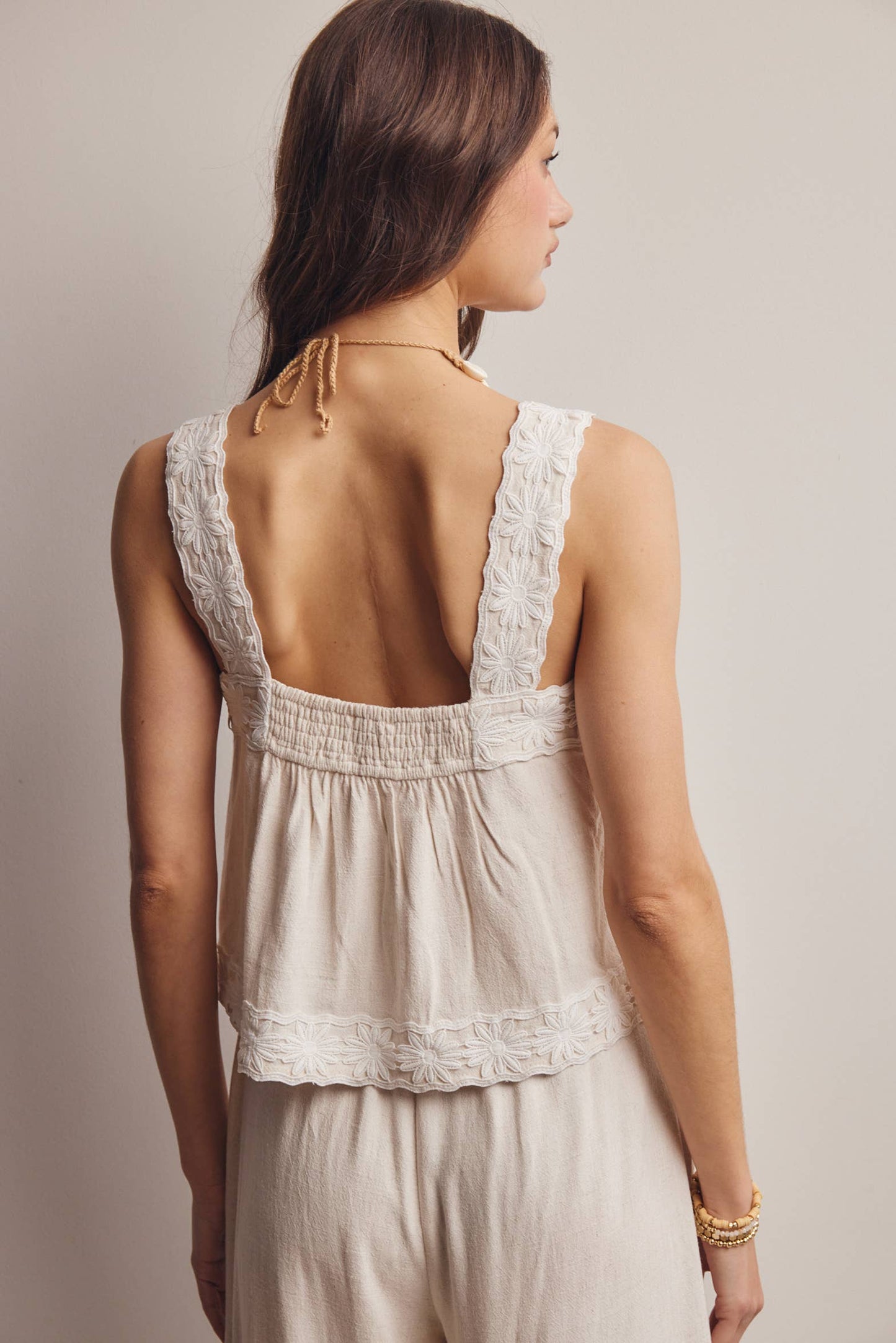 Embroidered Square-Neck Tank & Wide-Leg Pant Set (Oatmeal)