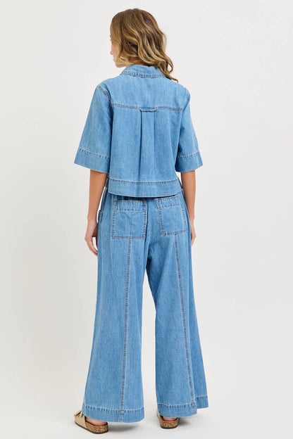Denim Pull On Wide-Leg Pants