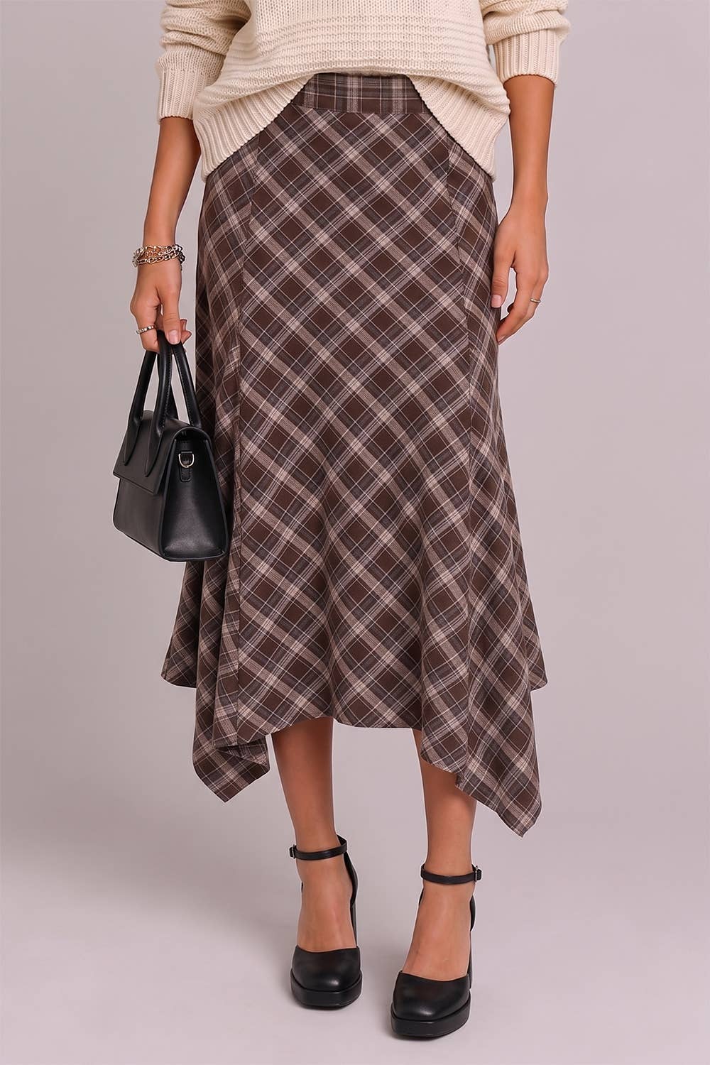 Red Plaid Hanky Hem Midi Skirt