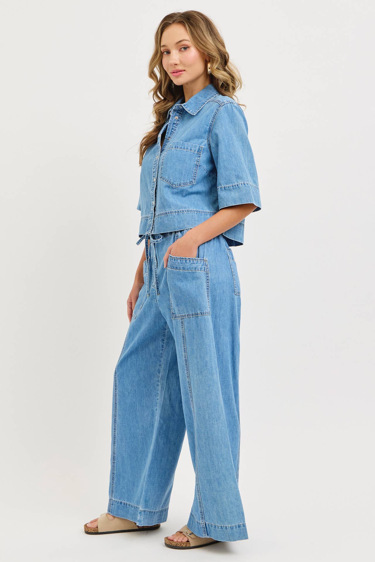 Denim Pull On Wide-Leg Pants