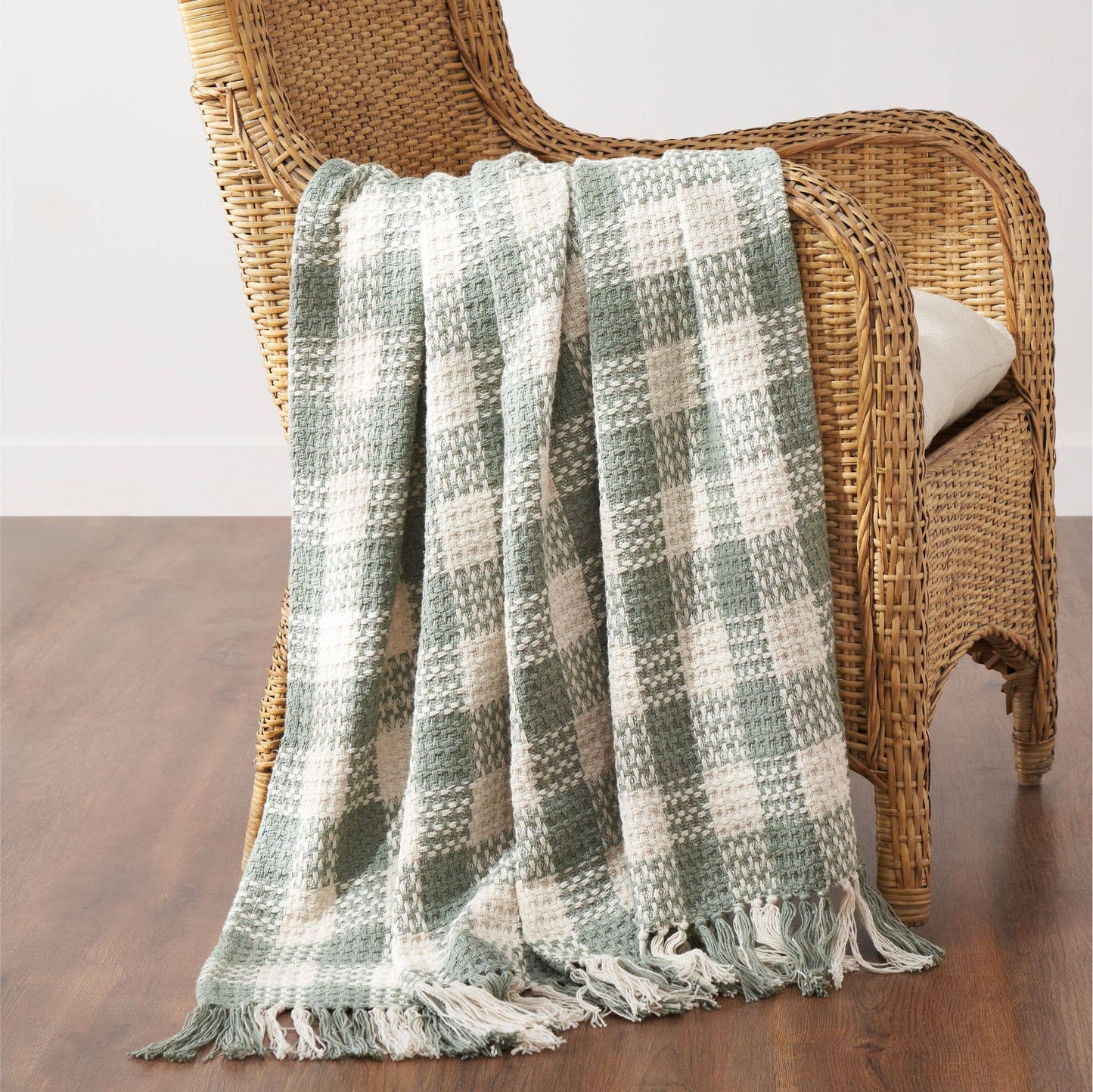 Pistachio Green Check Woven Throw Blanket with Fringe [50x60]