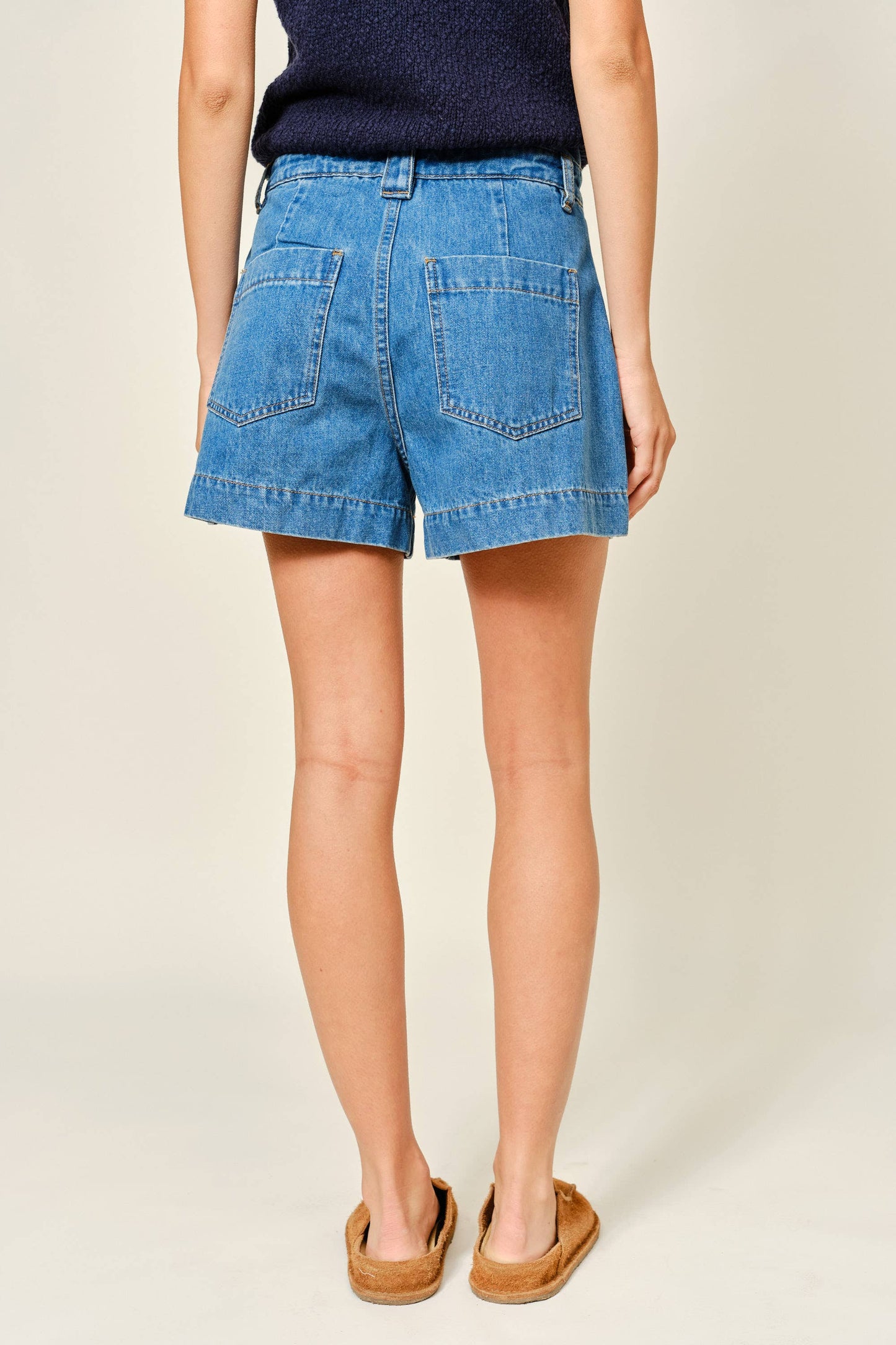 Medium Wash Mid Rise Flare Denim Shorts