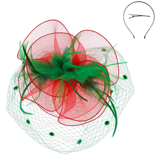 Floral Mesh & Dotted Veil w/ Feathers Fascinator Headband/Clip