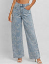 Floral Jacquard Button Pocket Wide Leg Denim Pants