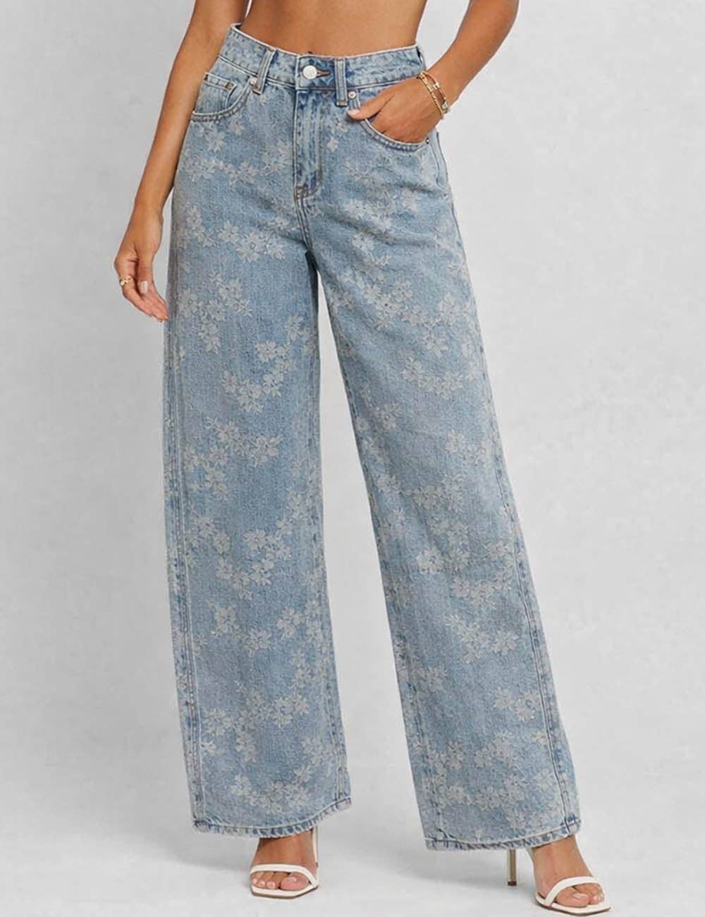 Floral Jacquard Button Pocket Wide Leg Denim Pants