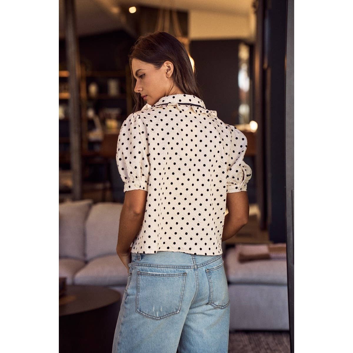 Sweet Poise Polka Dot Ribbon Detail Blouse Top