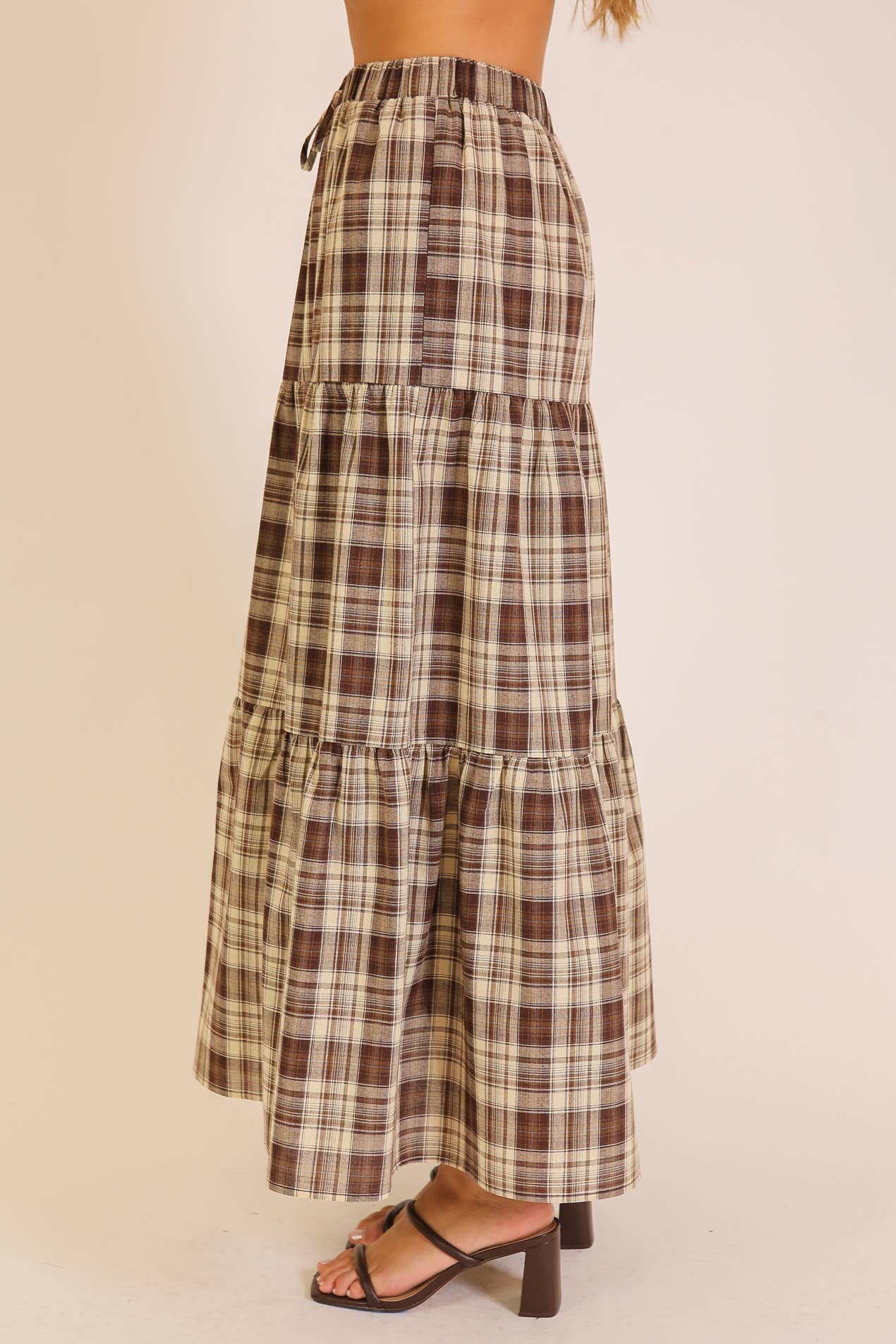 Brown Plaid Tiered Maxi Skirt