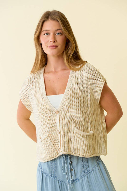 Ivory Chunky Stitch Sweater w/Patch Pocket Vest