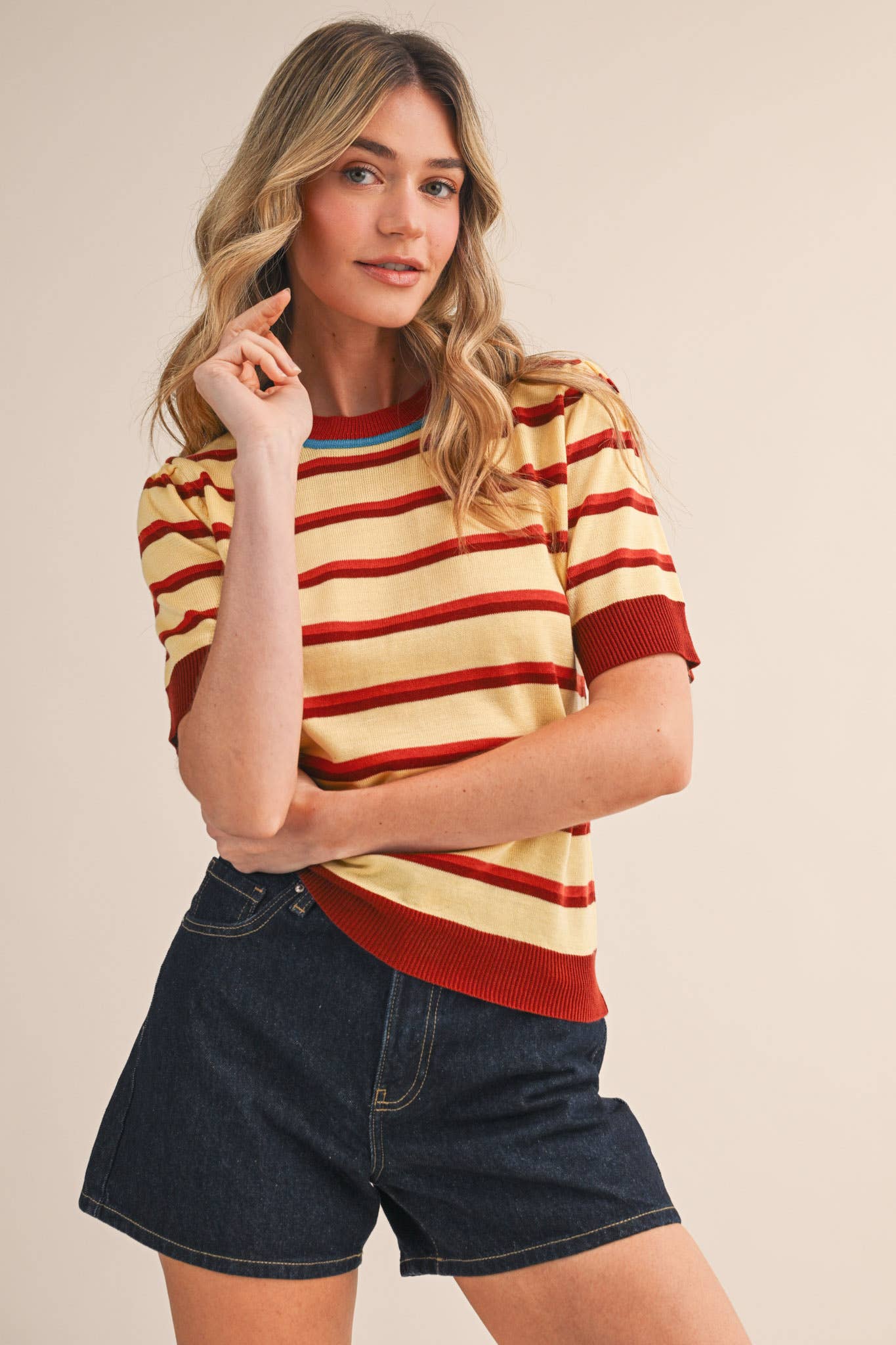Lemon Sienna Striped Short Sleeve Sweater