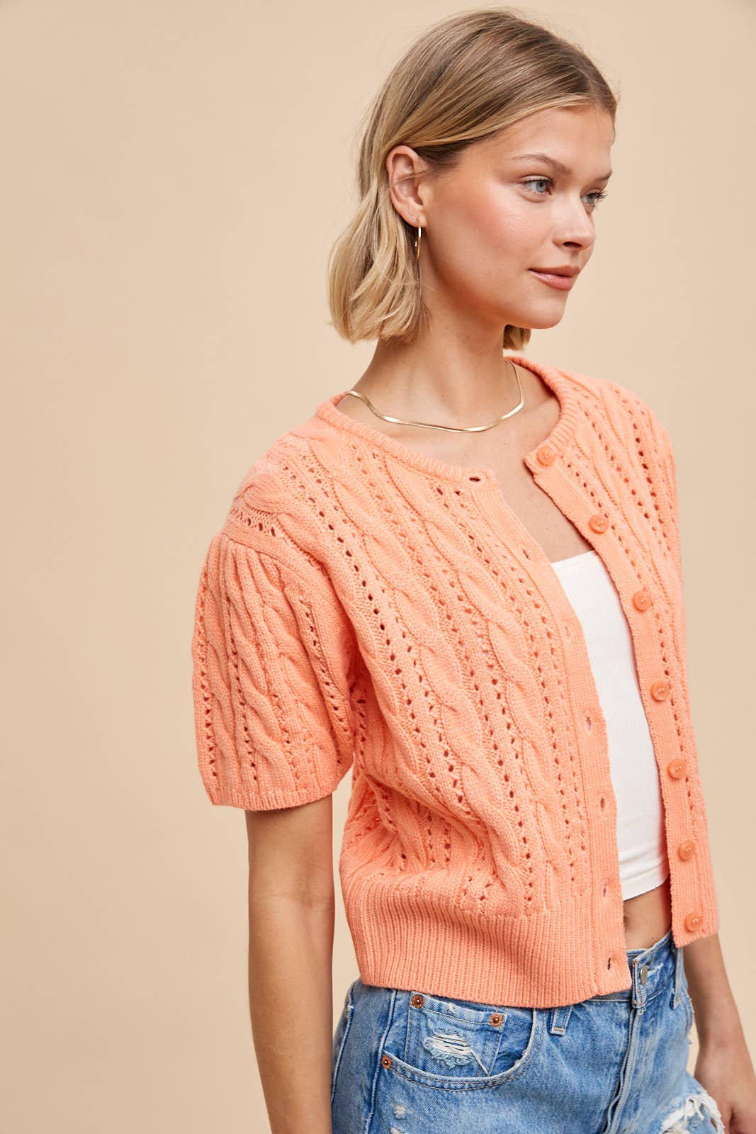 Apricot Cable Knit Puff Sleeve Cardigan