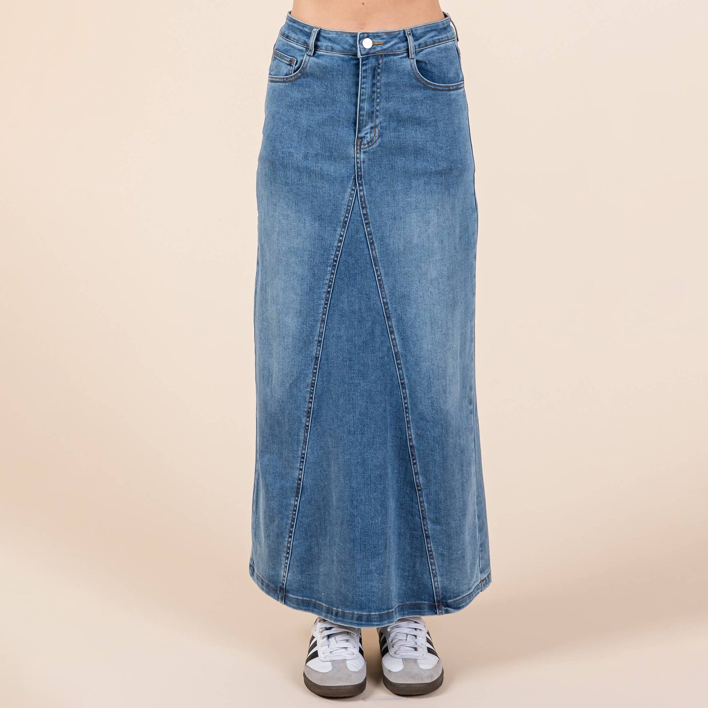 A - line Paneled Denim Long Maxi Skirt - Purpose + Passion Boutique