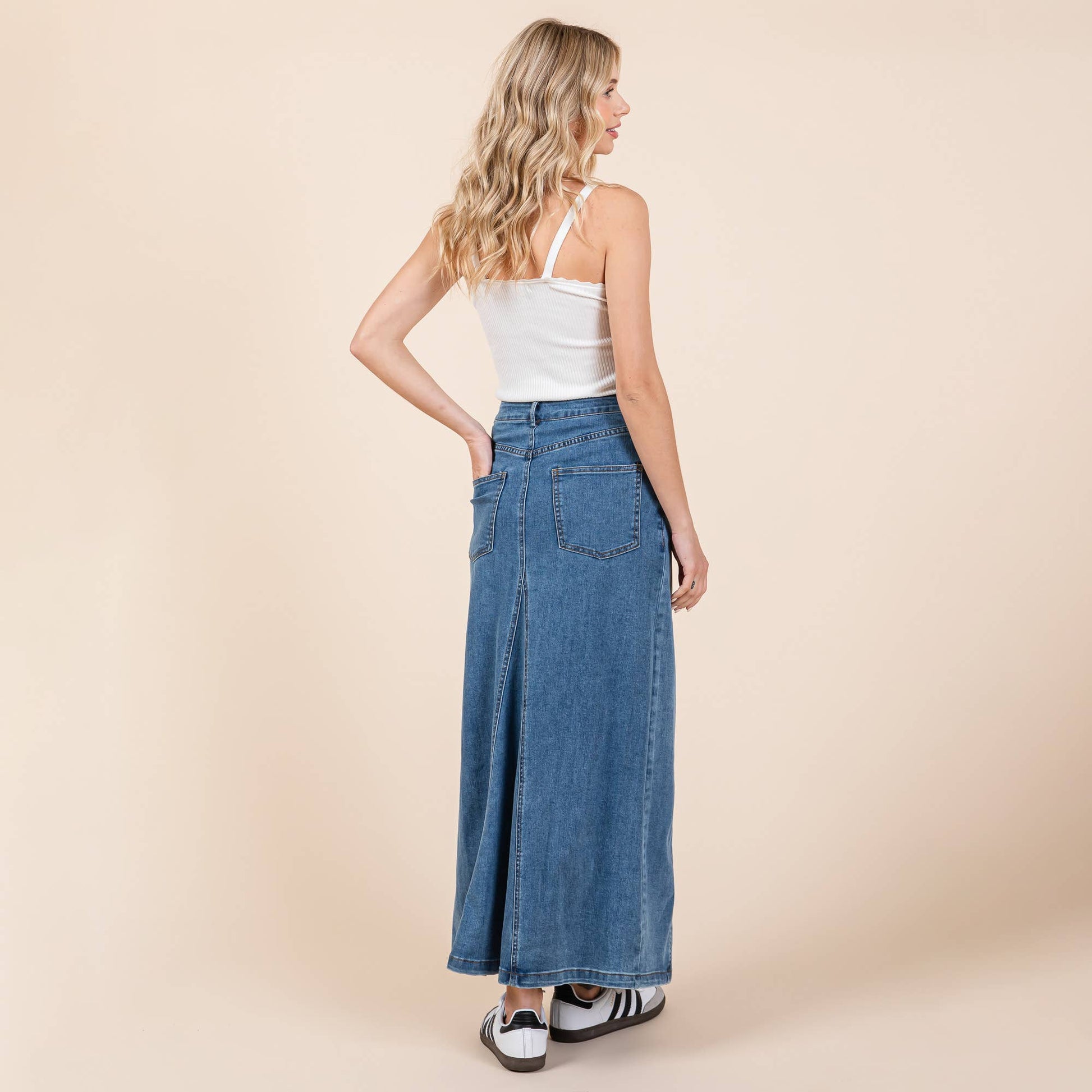 A - line Paneled Denim Long Maxi Skirt - Purpose + Passion Boutique