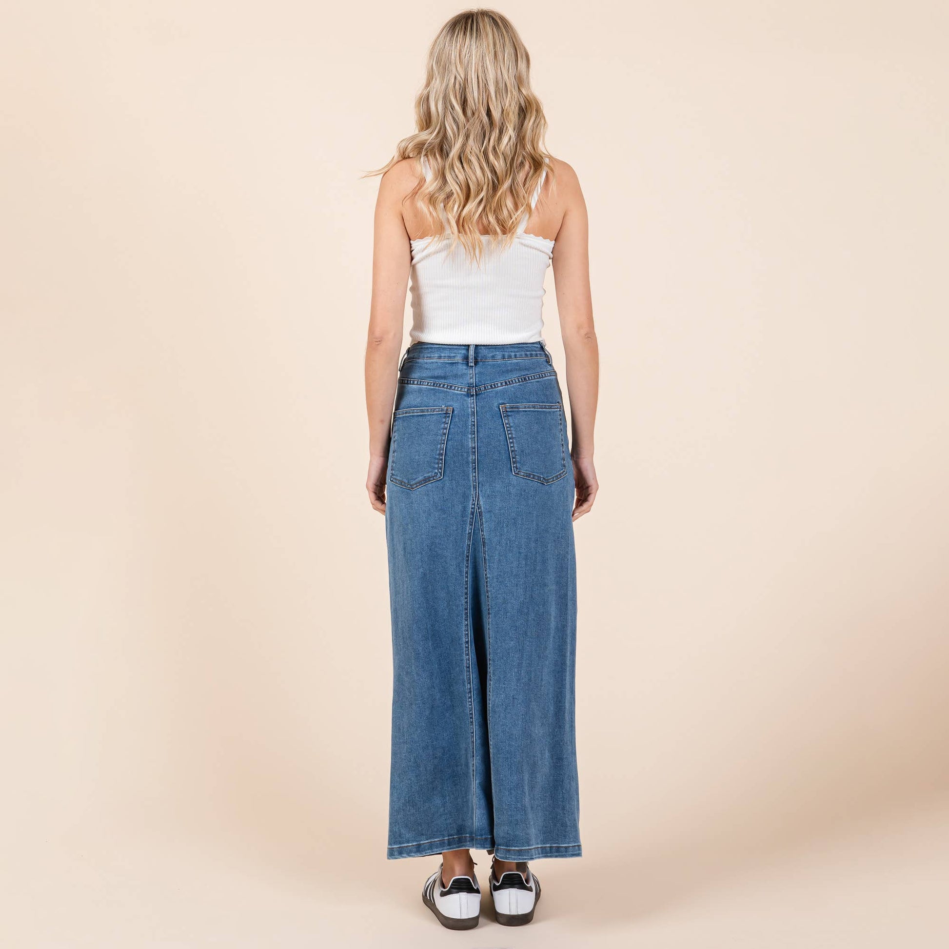 A - line Paneled Denim Long Maxi Skirt - Purpose + Passion Boutique